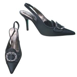 Donald Pliner Black Satin Leather Slingback Pump Shoe Rhinestone NWT $310